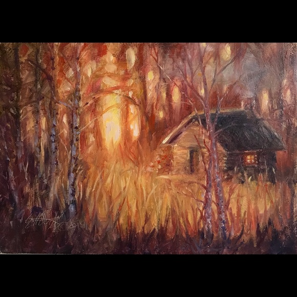 Artettina Other - Original oil painting cabin sunset Landscape art